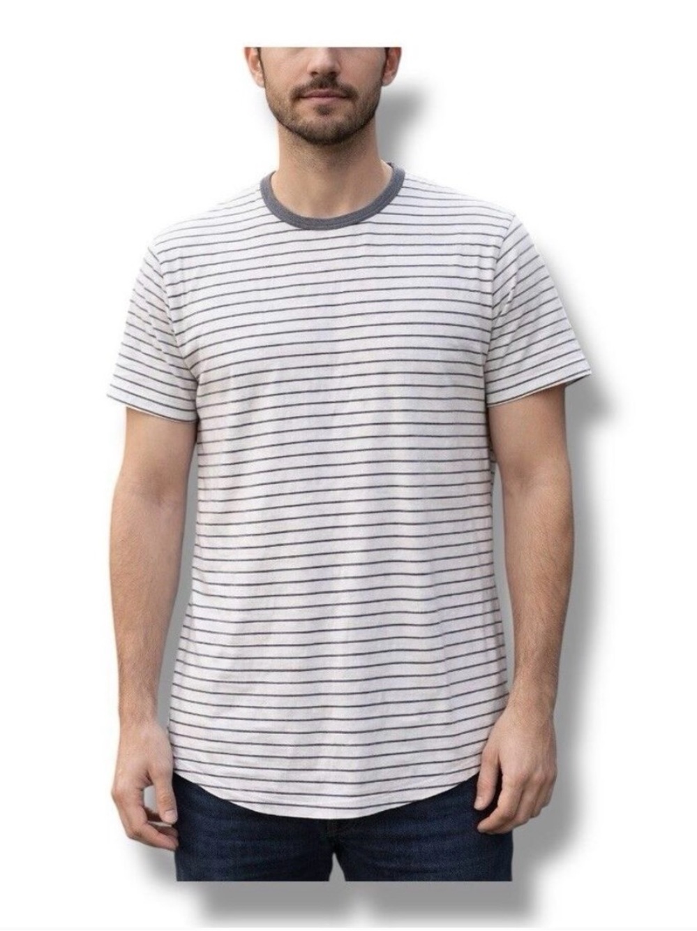Lululemon Men's Short-Sleeve Striped Crew Neck T-Shirt - White with Gray Stripes